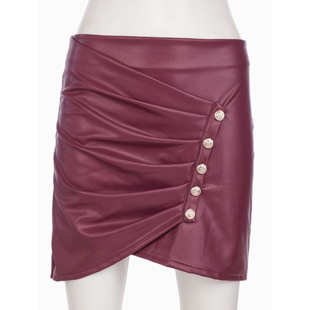 Burgundy Red Faux Leather Button Detail Mini Skirt